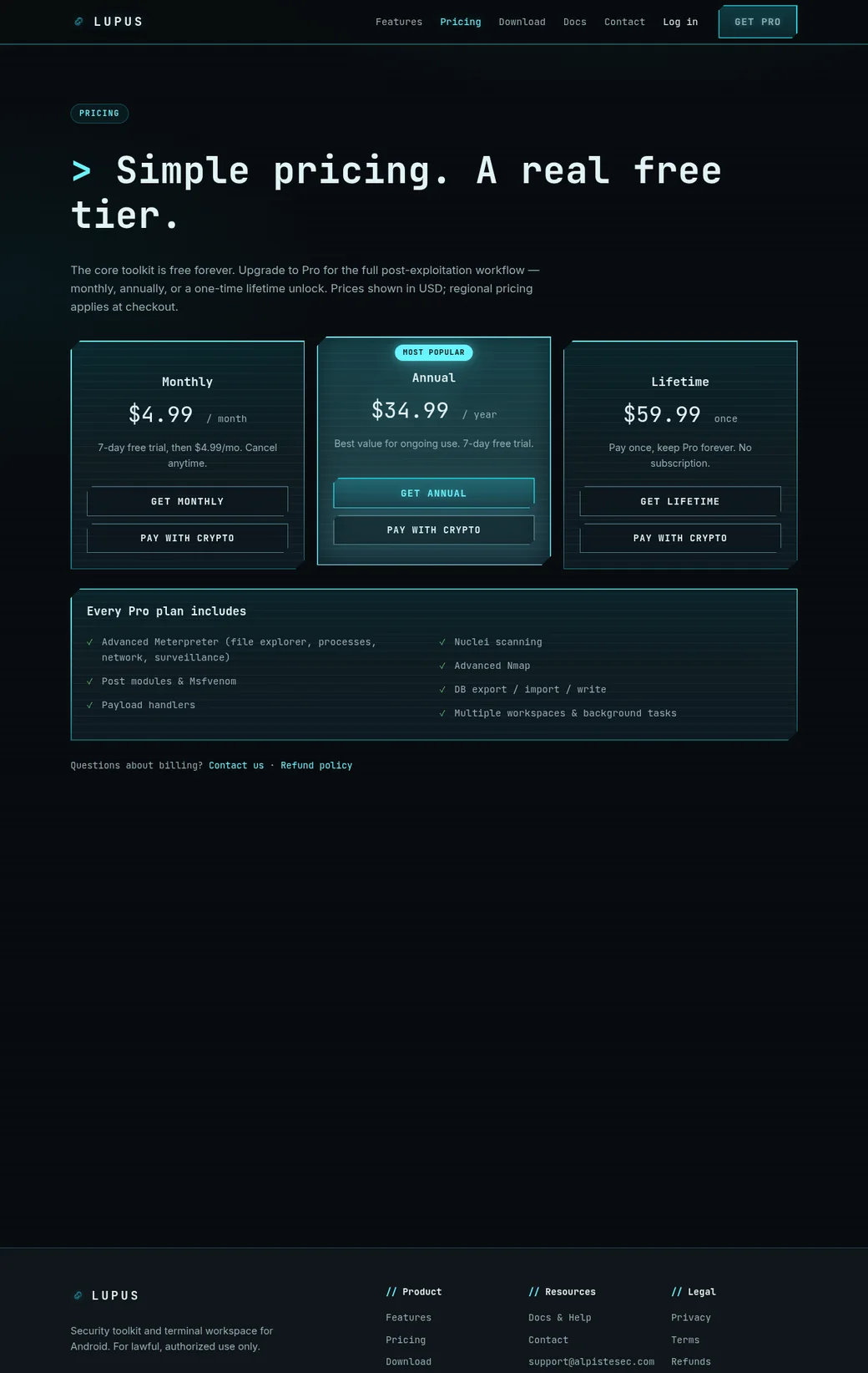 Lupus pricing page with plans and payment options